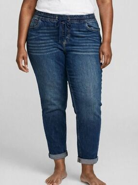 Bloomchic Plus Size 3XL Pull-On Drawstring Folded Hem Boyfriend Jeans Blue us22